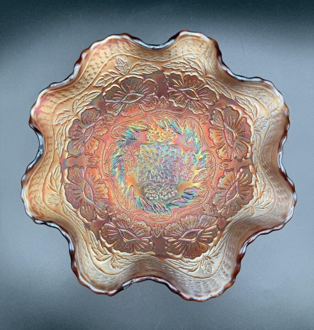 Fenton Two Flowers Carnival Glass Footed Bowl 8” Ruffled Wavy Edge Antique